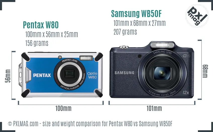 Pentax W80 vs Samsung WB50F size comparison Pentax W80 vs Samsung WB50F size comparison