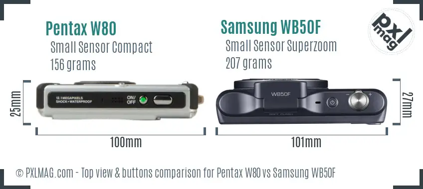Pentax W80 vs Samsung WB50F top view buttons comparison Pentax W80 vs Samsung WB50F top view buttons comparison