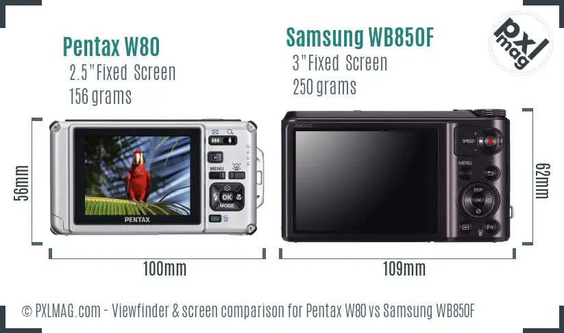 Pentax W80 vs Samsung WB850F Screen and Viewfinder comparison