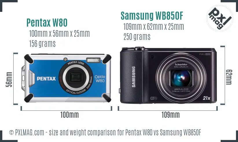 Pentax W80 vs Samsung WB850F size comparison