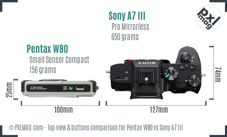 Pentax W80 vs Sony A7 III top view buttons comparison