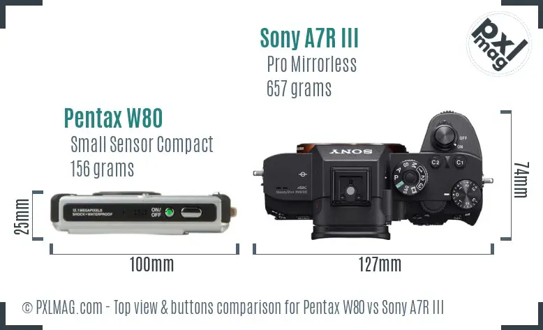 Pentax W80 vs Sony A7R III top view buttons comparison