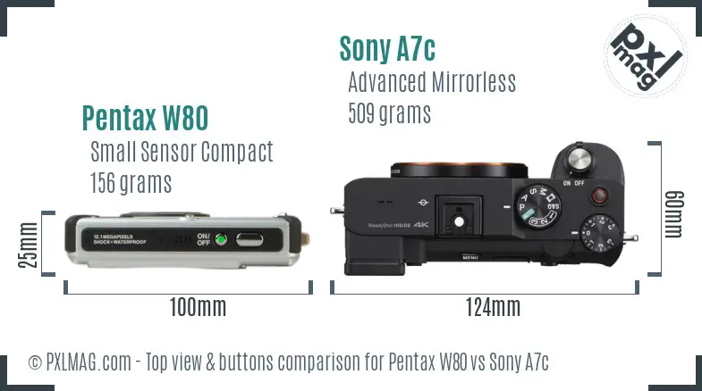 Pentax W80 vs Sony A7c top view buttons comparison Pentax W80 vs Sony A7c top view buttons comparison