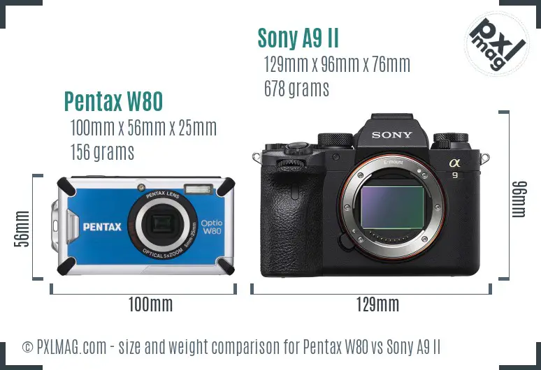 Pentax W80 vs Sony A9 II size comparison