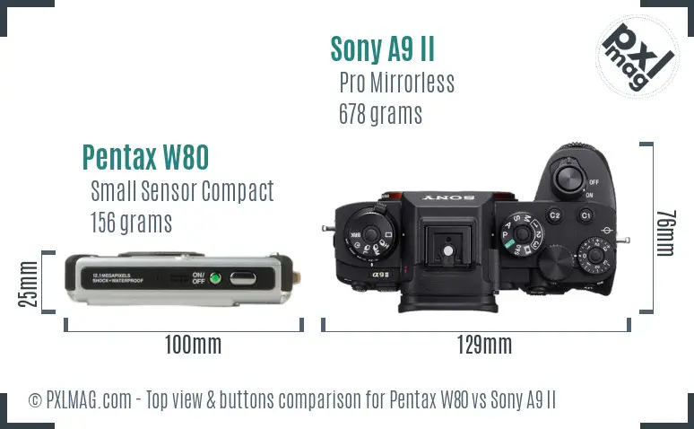 Pentax W80 vs Sony A9 II top view buttons comparison
