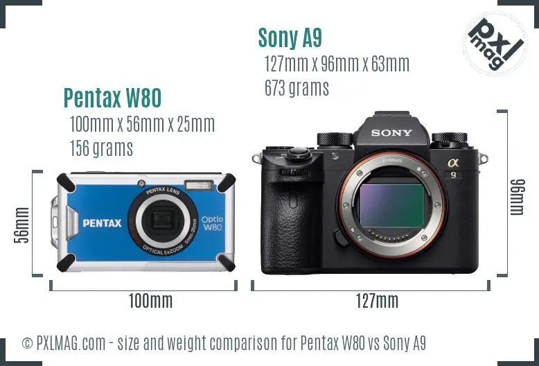 Pentax W80 vs Sony A9 size comparison