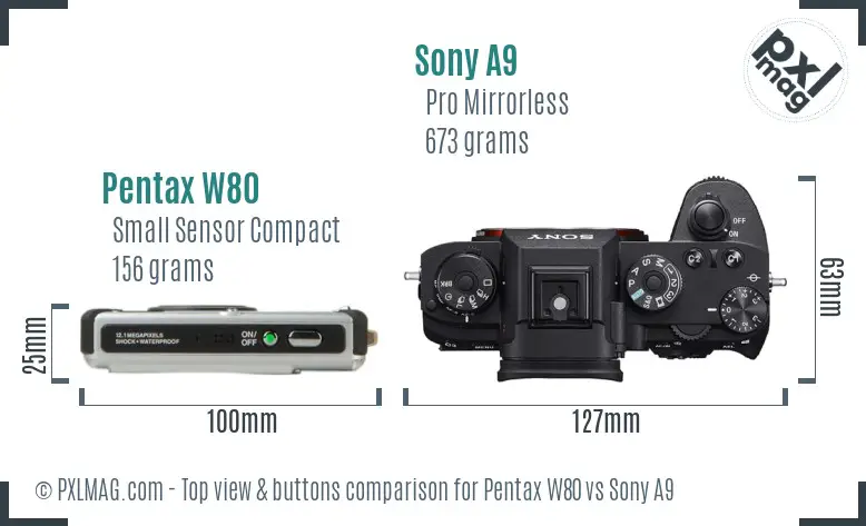 Pentax W80 vs Sony A9 top view buttons comparison