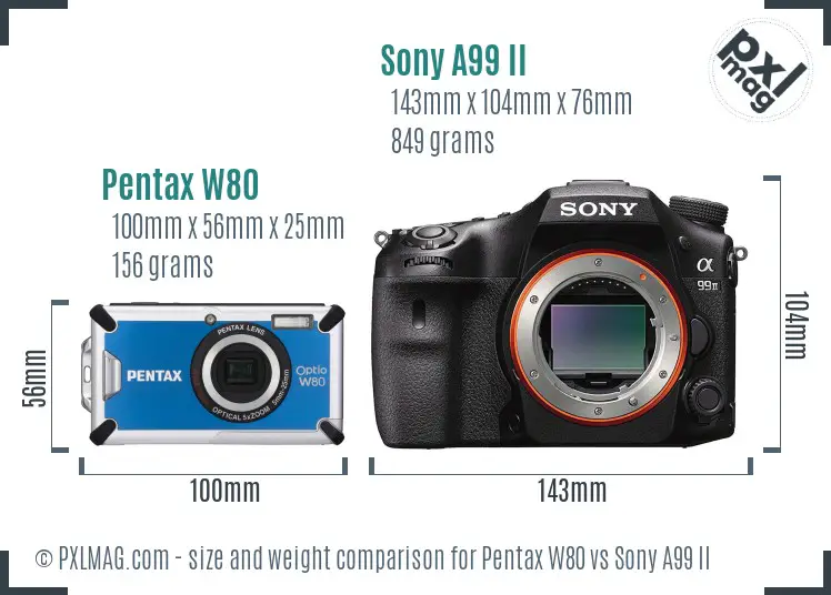 Pentax W80 vs Sony A99 II size comparison Pentax W80 vs Sony A99 II size comparison