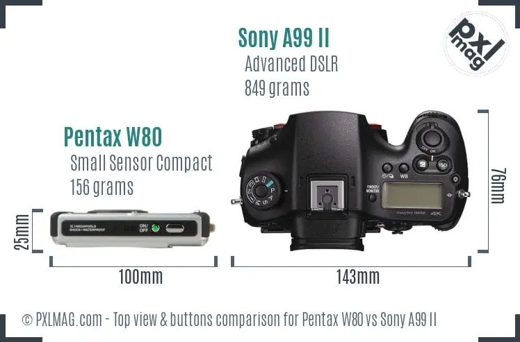 Pentax W80 vs Sony A99 II top view buttons comparison Pentax W80 vs Sony A99 II top view buttons comparison