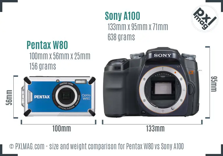 Pentax W80 vs Sony A100 size comparison