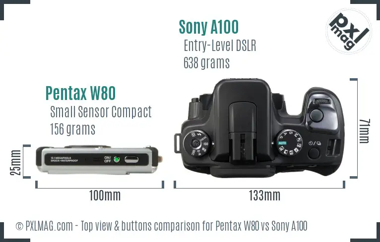 Pentax W80 vs Sony A100 top view buttons comparison