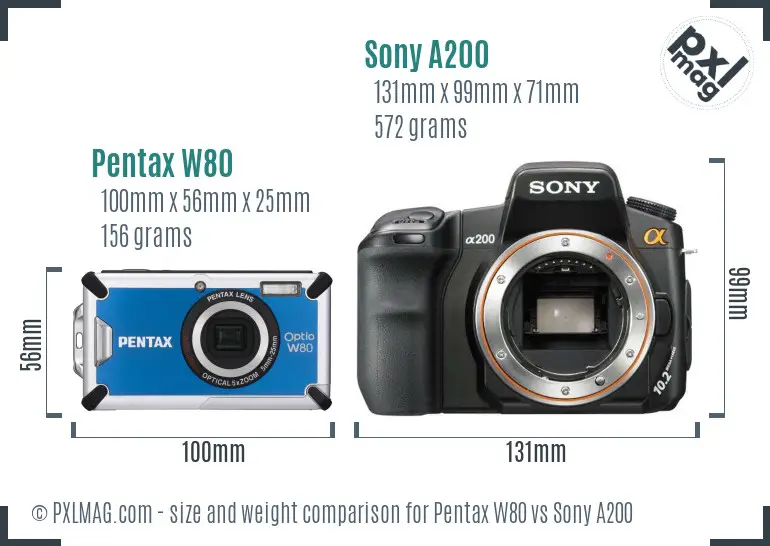 Pentax W80 vs Sony A200 size comparison Pentax W80 vs Sony A200 size comparison
