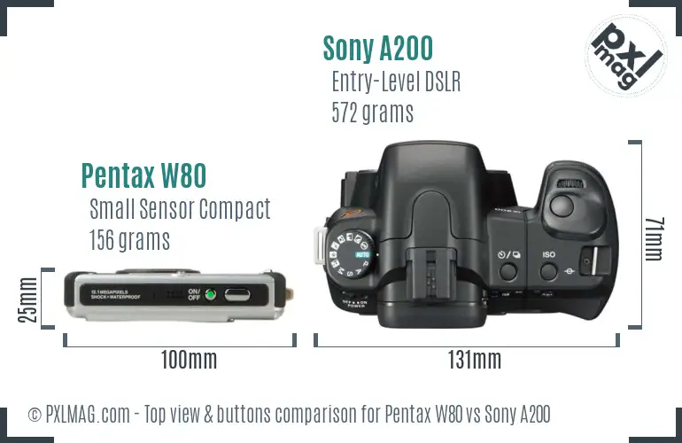 Pentax W80 vs Sony A200 top view buttons comparison Pentax W80 vs Sony A200 top view buttons comparison
