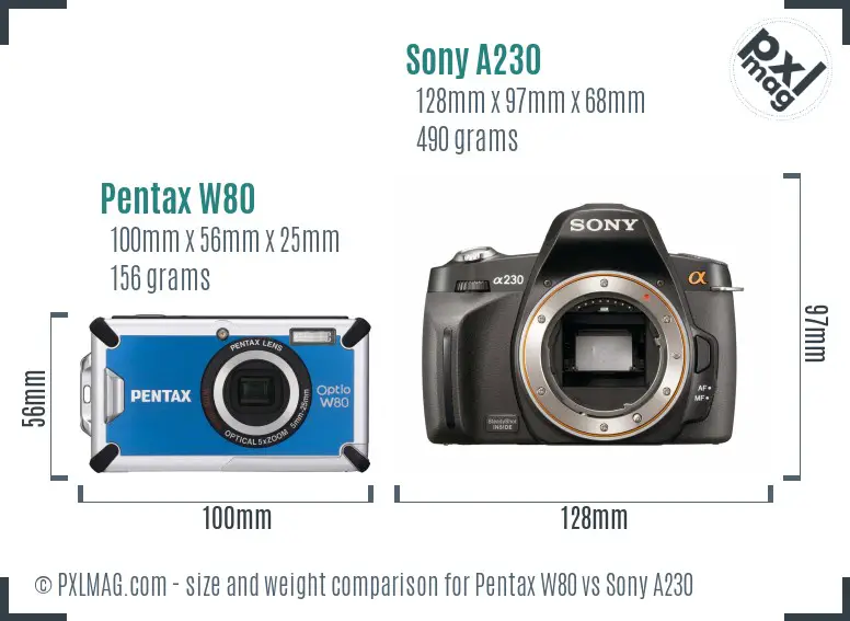 Pentax W80 vs Sony A230 size comparison