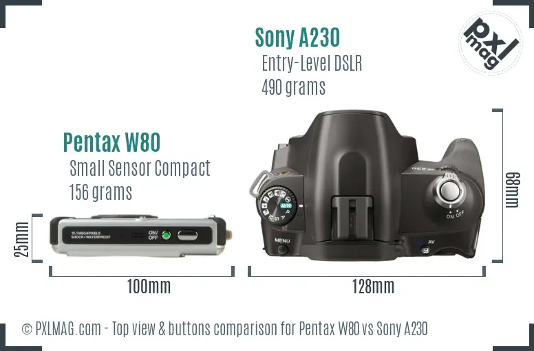 Pentax W80 vs Sony A230 top view buttons comparison