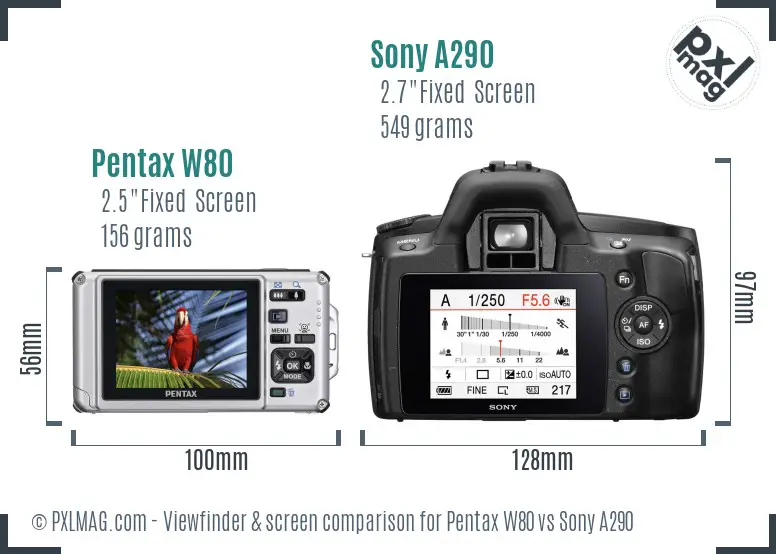 Pentax W80 vs Sony A290 Screen and Viewfinder comparison