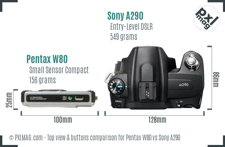 Pentax W80 vs Sony A290 top view buttons comparison