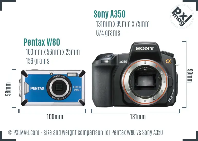 Pentax W80 vs Sony A350 size comparison
