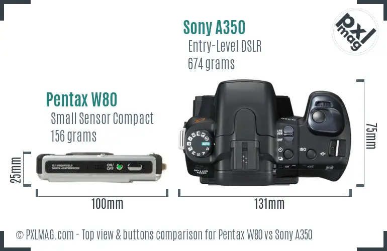 Pentax W80 vs Sony A350 top view buttons comparison