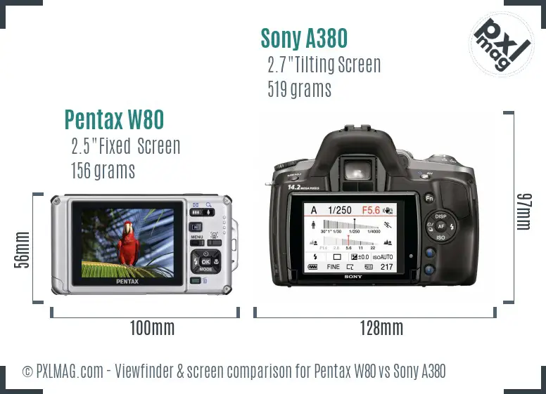 Pentax W80 vs Sony A380 Screen and Viewfinder comparison Pentax W80 vs Sony A380 Screen and Viewfinder comparison