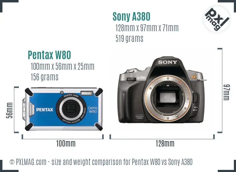 Pentax W80 vs Sony A380 size comparison Pentax W80 vs Sony A380 size comparison