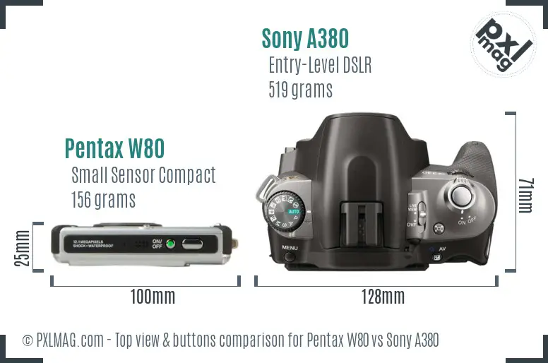 Pentax W80 vs Sony A380 top view buttons comparison Pentax W80 vs Sony A380 top view buttons comparison