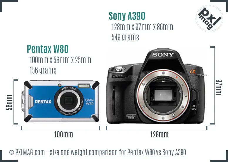 Pentax W80 vs Sony A390 size comparison Pentax W80 vs Sony A390 size comparison