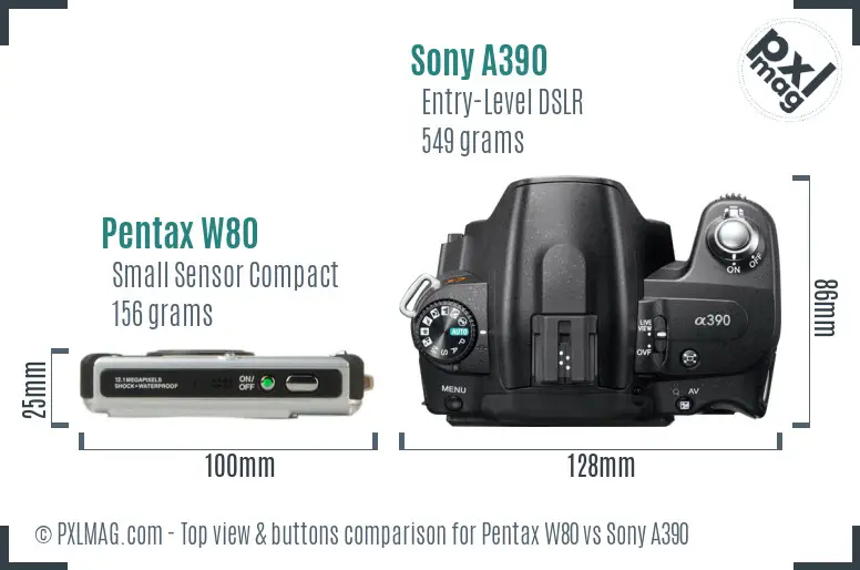 Pentax W80 vs Sony A390 top view buttons comparison Pentax W80 vs Sony A390 top view buttons comparison