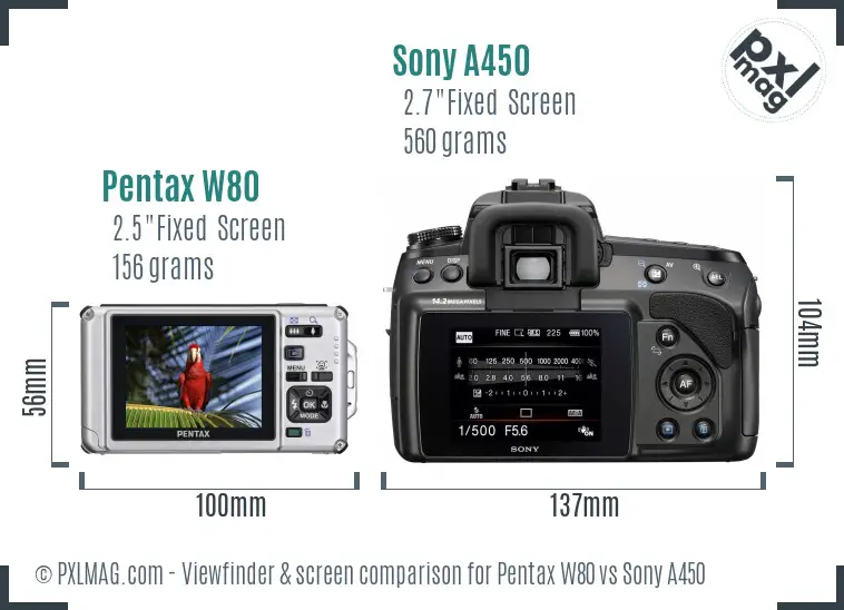 Pentax W80 vs Sony A450 Screen and Viewfinder comparison Pentax W80 vs Sony A450 Screen and Viewfinder comparison