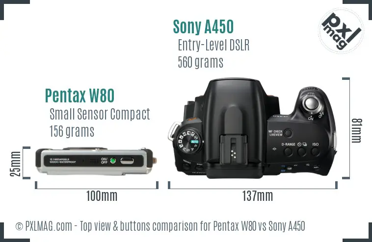 Pentax W80 vs Sony A450 top view buttons comparison Pentax W80 vs Sony A450 top view buttons comparison