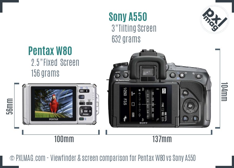 Pentax W80 vs Sony A550 Screen and Viewfinder comparison