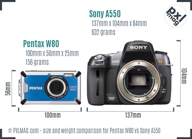 Pentax W80 vs Sony A550 size comparison