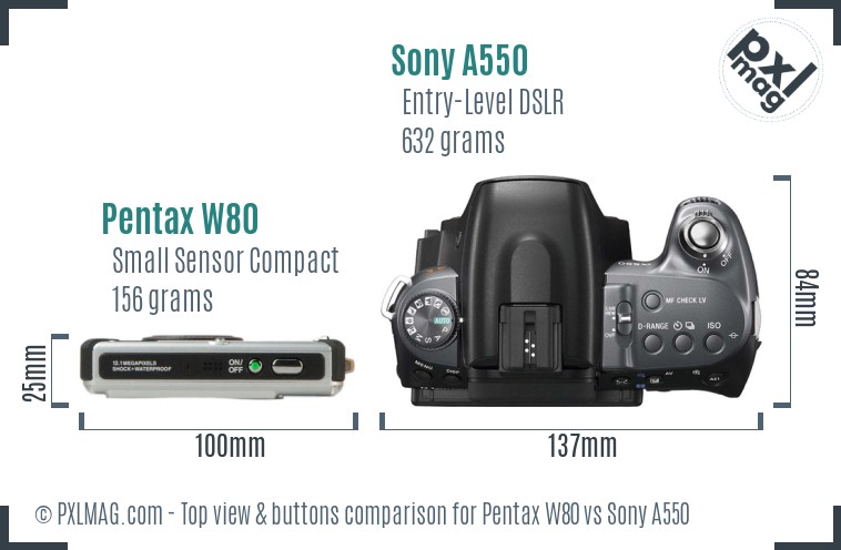 Pentax W80 vs Sony A550 top view buttons comparison