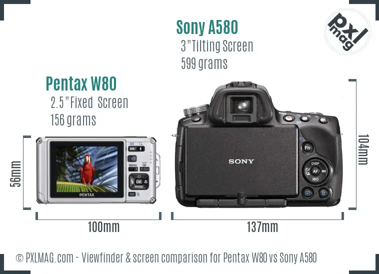 Pentax W80 vs Sony A580 Screen and Viewfinder comparison