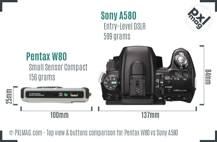 Pentax W80 vs Sony A580 top view buttons comparison