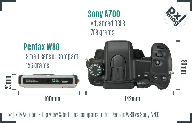 Pentax W80 vs Sony A700 top view buttons comparison