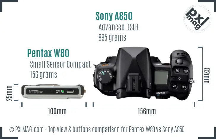 Pentax W80 vs Sony A850 top view buttons comparison Pentax W80 vs Sony A850 top view buttons comparison