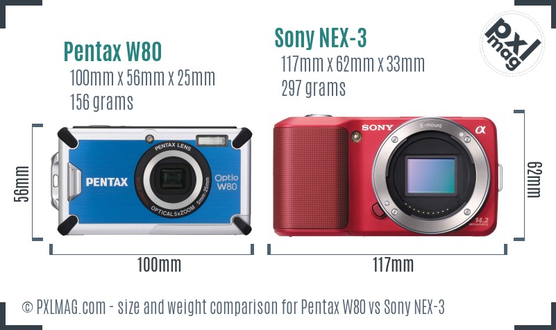 Pentax W80 vs Sony NEX-3 size comparison