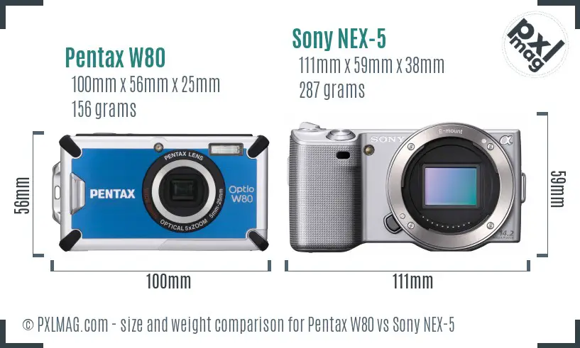 Pentax W80 vs Sony NEX-5 size comparison