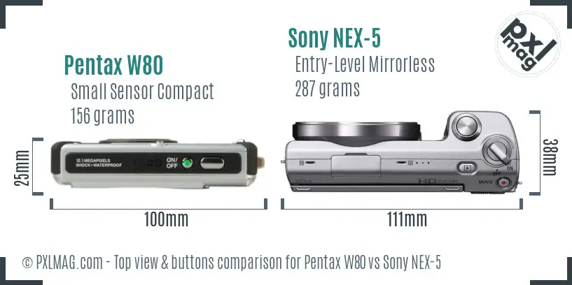 Pentax W80 vs Sony NEX-5 top view buttons comparison