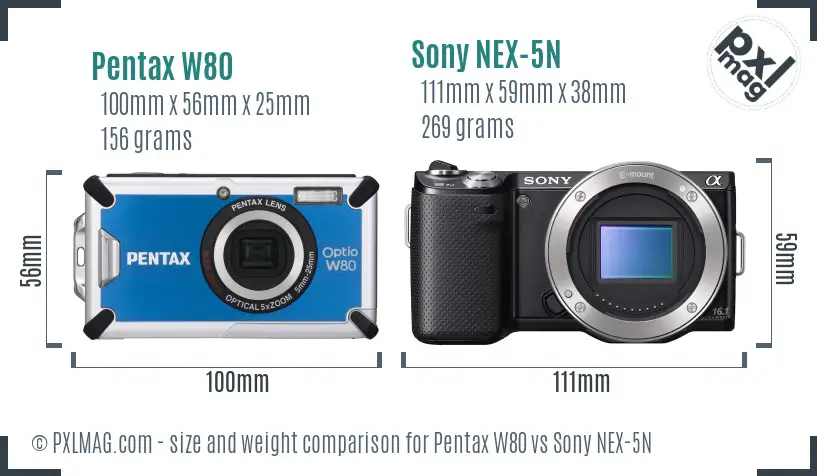 Pentax W80 vs Sony NEX-5N size comparison Pentax W80 vs Sony NEX-5N size comparison