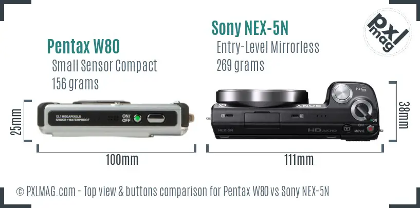 Pentax W80 vs Sony NEX-5N top view buttons comparison Pentax W80 vs Sony NEX-5N top view buttons comparison
