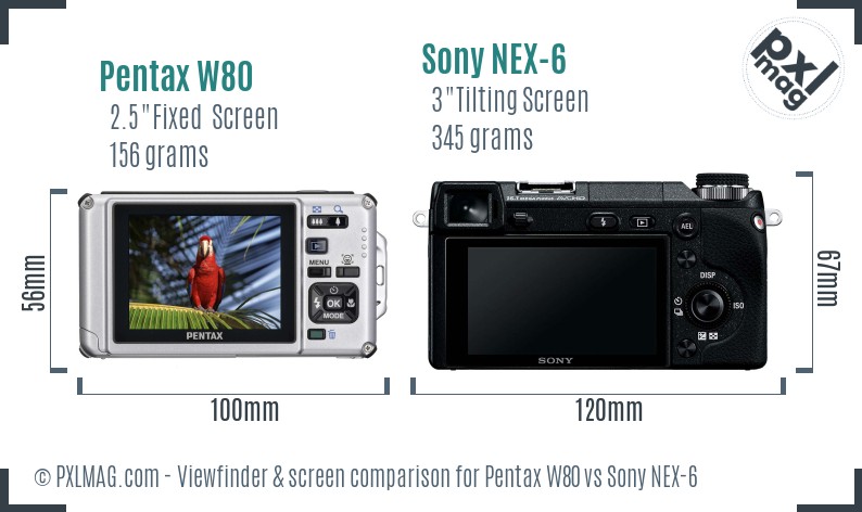 Pentax W80 vs Sony NEX-6 Screen and Viewfinder comparison