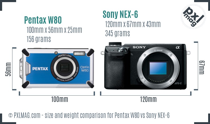 Pentax W80 vs Sony NEX-6 size comparison