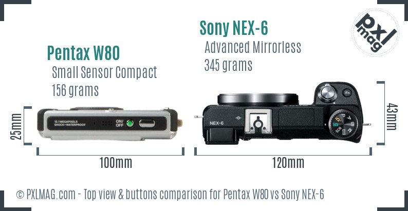 Pentax W80 vs Sony NEX-6 top view buttons comparison
