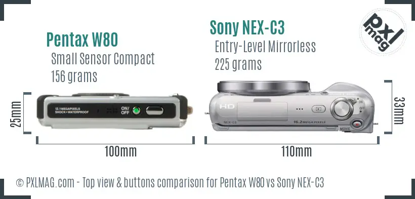 Pentax W80 vs Sony NEX-C3 top view buttons comparison Pentax W80 vs Sony NEX-C3 top view buttons comparison