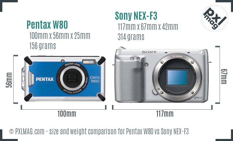 Pentax W80 vs Sony NEX-F3 size comparison Pentax W80 vs Sony NEX-F3 size comparison
