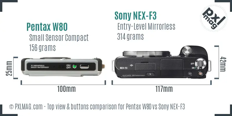 Pentax W80 vs Sony NEX-F3 top view buttons comparison Pentax W80 vs Sony NEX-F3 top view buttons comparison