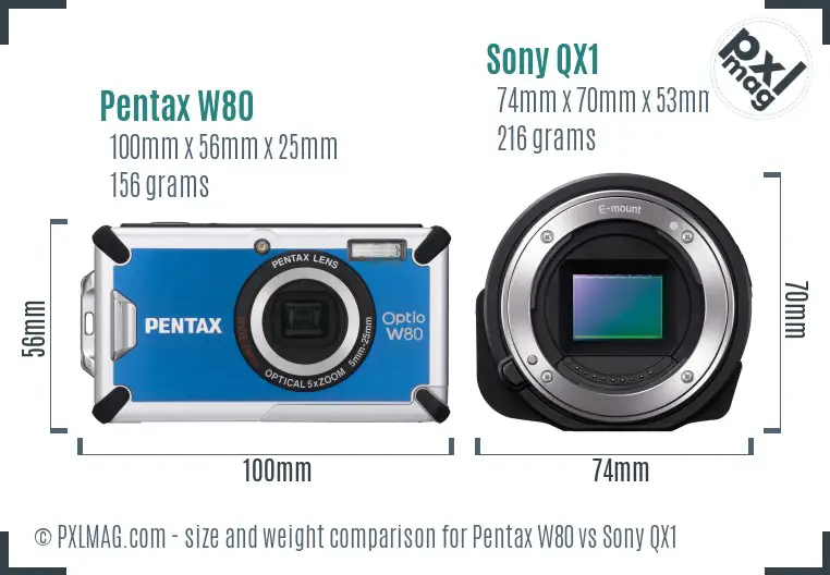 Pentax W80 vs Sony QX1 size comparison Pentax W80 vs Sony QX1 size comparison