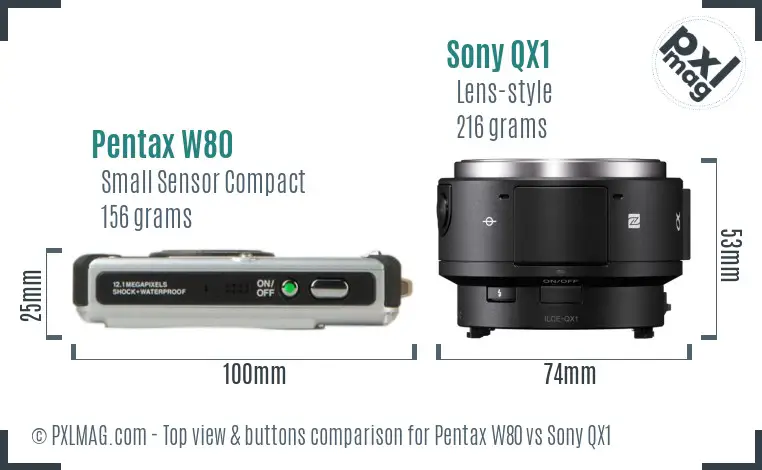 Pentax W80 vs Sony QX1 top view buttons comparison Pentax W80 vs Sony QX1 top view buttons comparison